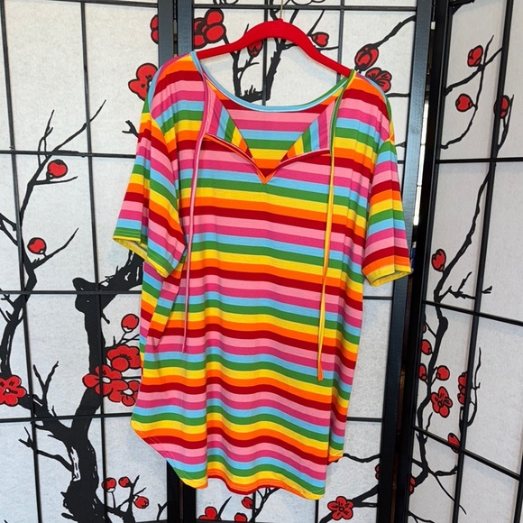 SHEIN 1XL Plus Size High Low High Bow Rainbow Stripe Short Sleeve Tee Shirt - Picture 6 of 12